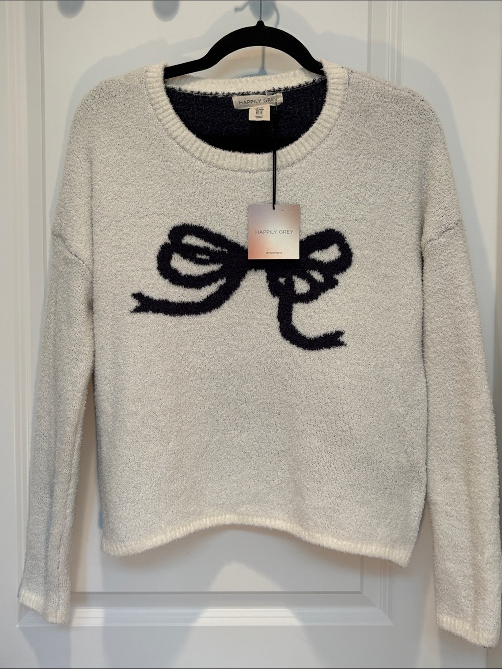Happily Grey Cream Bouclé Crew Sweater with Navy Bow